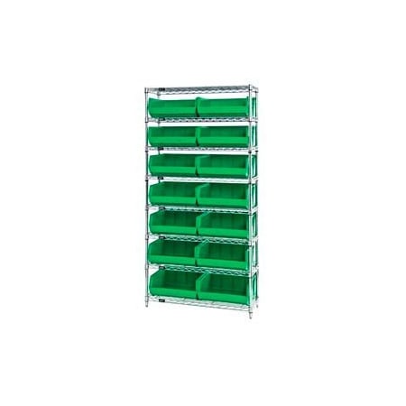 Chrome Wire Shelving With 14 Giant Plastic Stacking Bins Green, 36x14x74